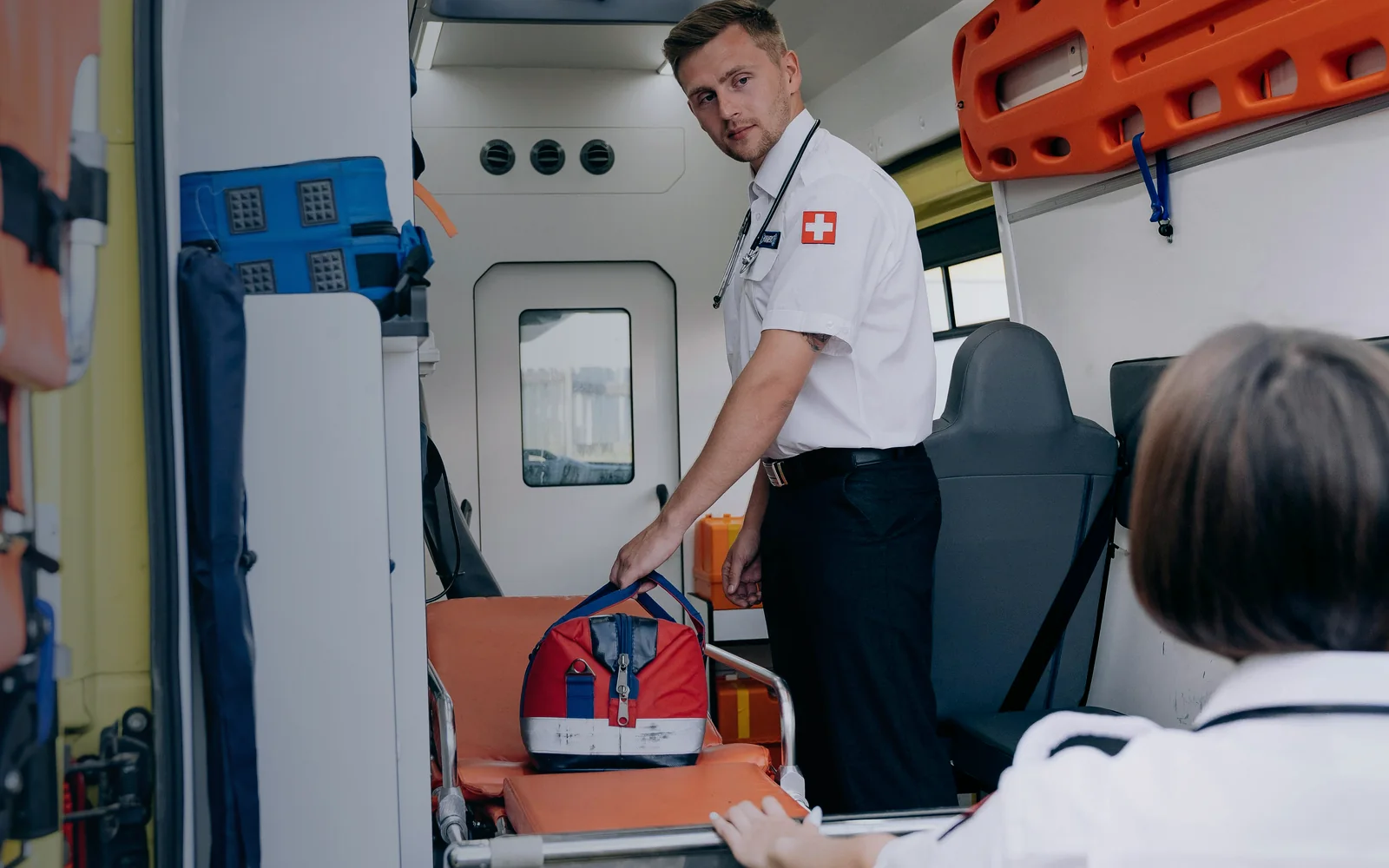 Emergency medical transport team preparing support